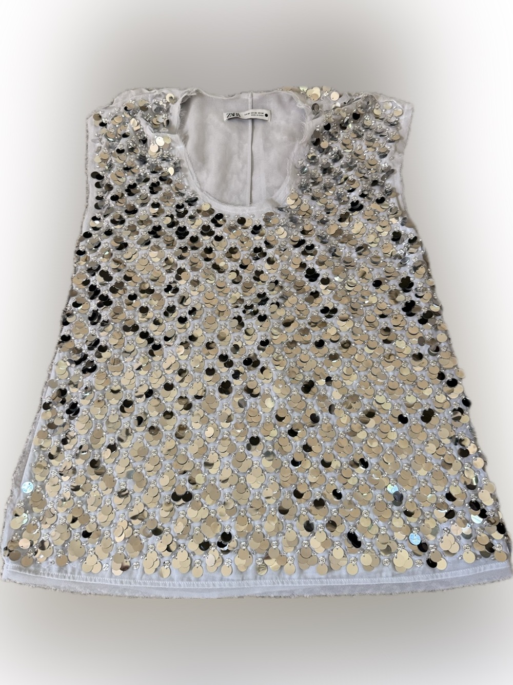 New Zara Sequin Embellished Sleeveless Top - Silver & White